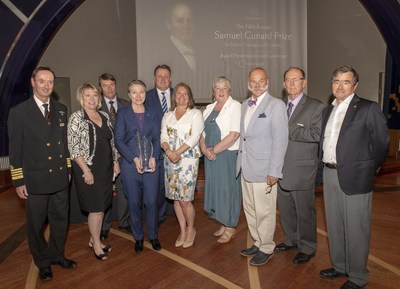 (L - R) Queen Mary 2 Captain Christopher Wells; Honourable Kelly Regan; John Langley, Cunard Historian; Zita Cobb, Founder and CEO of Shorefast Foundation; Halifax Mayor Michael Savage; Sandra Greer, Former President & CEO, Amirix Systems; Honourable Bernadette Jordan; Wayne Myles, CHMF Board Member; John Young, CMHF Co-Chair; and John Risley, President of Clearwater Fine Foods aboard Cunard’s Queen Mary 2 in Halifax, N.S. for the Fifth Annual Samuel Cunard Prize Event. (S. Farmer for Cunard)