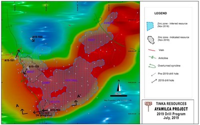 Figure 2.  Map showing the airborne magnetics (TMI at 1km) over Ayawilca (CNW Group/Tinka Resources Limited)