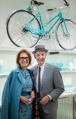 British Milliner Stephen Jones OBE with Rose Marie Bravo, Vice Chairman of Burberry, pictured in Tiffany’s Blue Box Cafe on 5th Avenue in Manhattan, New York City the day before Cunard’s 2019 Queen Mary 2 Transatlantic Fashion Week at Sea