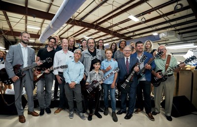 Above photo L-R: Taylor Fisher (Nashville Sounds), Philip Giley (Notes For Notes), Gibson artists Lee Roy Parnell and Dave Amato (back), David Wish (Little Kids Rock), James “JC” Curleigh (Gibson CEO), Ben Goldsmith (Gibson Generation Group, back), Jayden Tatasciore (Gibson Generation Group, front), Carter Wilkinson (Gibson Generation Group, back), Gibson artist Toby Lee (front), Reece Malone (Gibson Generation Group, back), Jacki Artis (Music City Council, Manager, back), David Briley (Mayor of Nashville, front), Jenny Marsh (Gibson, Entertainment Relations, back) Jon Robison (Tennessee Titans, General Manager, front), Heather Freeland (Gibson, Entertainment Relations, back) and Ralph Schulz (CEO Nashville Chamber of Commerce). Photo credit: Mitch Conrad for Gibson.