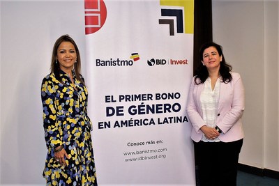 Gema Sacristn, Chief Investment Officer of IDB Invest (right), and Aime Sentmat de Grimaldo, Executive President of Banistmo (left) announce the first gender bond issued in Latin America, for $50 million and with a 5-year tenor. The funds captured will be used to finance women-led small and medium enterprises (SMEs) in Panama. The announcement was made at the World Economic Forum in Cartagena, Colombia.