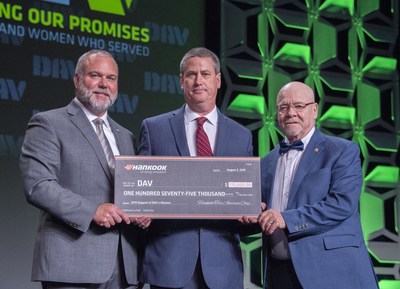 During the opening ceremony at DAV's 98th National Convention on Aug. 3, Hankook Tire America Corp.'s Senior Director of TBR Tires Rob Williams presented DAV National Adjutant and CEO Marc Burgess and National Commander Dennis Nixon with a $175,000 check recognizing Hankook's 2019 commitment to DAV and helping veterans through mobility.