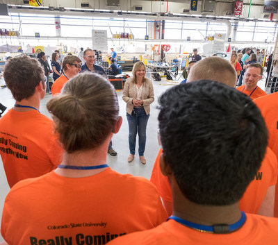 General Motors CEO, Mary Barra, speaking with EcoCAR students at the GM Proving Grounds in Milford, Michigan.  General Motors recruits students who are looking for careers in automotive, autonomous and mobility areas from the EcoCAR competition.