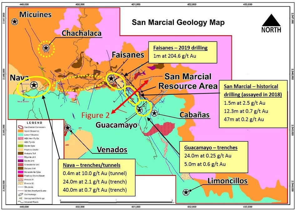 Figure 1: Gold potential at San Marcial - Best gold results to date from four priority targets (CNW Group/Goldplay Exploration Ltd)