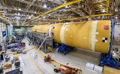 This image, taken Aug. 8, 2019, shows the core stage for NASA’s Space Launch System (SLS) rocket at the agency’s Michoud Assembly Facility in New Orleans. The core stage is 80% complete and, over the summer, engineers will add the last core stage structure – the engine section – and the four RS-25 engines. This complex stage controls the rocket’s journey for the first eight minutes of flight and produces two million pounds of thrust to send SLS and NASA's Orion spacecraft on their first lunar mission, Artemis 1. This image, taken Aug. 8, 2019, shows the core stage for NASA’s Space Launch System (SLS) rocket at the agency’s Michoud Assembly Facility in New Orleans. The core stage is 80% complete and, over the summer, engineers will add the last core stage structure – the engine section – and the four RS-25 engines. This complex stage controls the rocket’s journey for the first eight minutes of flight and produces two million pounds of thrust to send SLS and NASA's Orion spacecraft on their first lunar mission, Artemis 1.