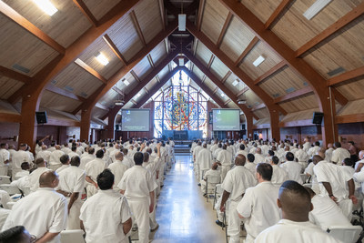 Prisoners gather for a sermon by Gateway Church Pastor Morris at H.H. Coffield Unit, Texas's largest prison. Photo credit, Gateway Church.