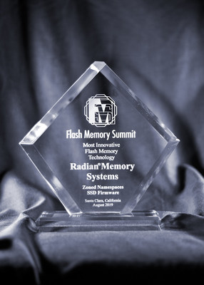 Most Innovative Technology Award - SSD Firmware. Radian Memory Systems, Inc. implementation for Zoned Namespaces (ZNS) at Flash Memory Summit 2019.