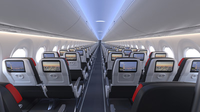 Air Canada's two-class cabin on the A220 will have a total of 137 seats: 12 in a 2x2 configuration in Business Class and 125 in a 3x2 layout for Economy passengers. Every seat on the A220 features a Panasonic eX1 in-flight entertainment system with content available in 15 languages and featuring more than 1,000 hours of high-quality entertainment, including access to Bell Media’s premium entertainment service, Crave, and Canadian-based multi-platform audio service, Stingray. (CNW Group/Air Canada)