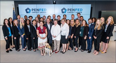 PenFed's 2019 Intern Class pictured with (front row) University Relations & Campus Recruitment Lead, Emma Phillips; Canine Companions Assistance Dog in Training, Clint; President and CEO, James Schenck; First Senior Executive Vice President, Lisa Jennings; Vice President, Talent Acquisition, Amy Stark; (back row, center) Director, College Employment Program, Charlie Miles