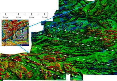 Figure 2. Magnetic details of Carricona-Boyden area showing detailed structure generated by the combination of magnetic data (first vertical derivative of total magnetic intensity) and Lidar terrain model. This figure clearly shows detailed magnetic features which are also illustrated in Figure 3. (CNW Group/Pacton Gold Inc.)