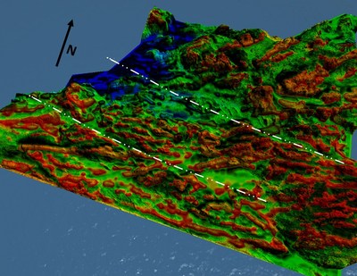 Figure 3. 3d view of Figure 2, looking across the regional structural fabric. The map is generated by combining a 3m resample of 1m Lidar elevation map with a first vertical derivative map of the total magnetic intensity (i.e. showing area of rapid magnetic change). In the resulting map, the red areas are more magnetically chaotic and correlate highly with higher terrain elevations. (CNW Group/Pacton Gold Inc.)