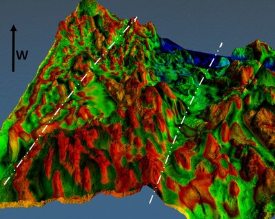 Figure 4. 3d view of Figure 2, looking west, along the regional structural fabric. As in Figure 3, the map is generated by combining a 3m resample of 1m Lidar elevation map with a first vertical derivative map of the total magnetic intensity (i.e. showing area of rapid magnetic change). In the resulting map, the red areas are more magnetically chaotic and correlate highly with higher terrain elevations. (CNW Group/Pacton Gold Inc.)