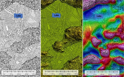 Figure 5. Outcrop finder map, showing probable locations of outcrops (darker spots on map at left). Center: outcrop finder map with Lidar elevation. Right: outcrop finder map with first vertical derivative of total magnetic intensity. (CNW Group/Pacton Gold Inc.)