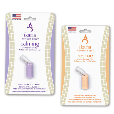 New ikaria® PetScent Clips™ turn any dog collar into a calming and soothing collar. The clip attaches to the D-ring on any size collar or harness. ikaria® PetScent Clips are available in Rescue and Calming and are infused with therapeutic-grade essential oil blends which provide calming and soothing aromatherapy benefits to dogs. New ikaria® PetScent Clips™ turn any dog collar into a calming and soothing collar. The clip attaches to the D-ring on any size collar or harness. ikaria® PetScent Clips are available in Rescue and Calming and are infused with therapeutic-grade essential oil blends which provide calming and soothing aromatherapy benefits to dogs.