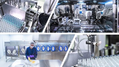 Berkshire Sterile Manufacturing produces injectable medications using state-of-the-art technology. These medications are filled inside isolators [inside of an isolator pictured in top right] to create a barrier between the manufacturer and the drug product [operator preparing to work on the isolator in bottom left]. This ensures all products are sterile and safe to inject. Robotic flexible fillers [pictured top left and bottom right] are used to fill and seal each medication.