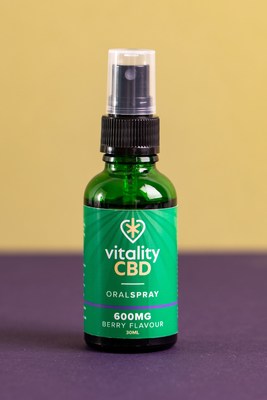 Vitality CBD's 600MG Berry Oral Spray, one of 6 SKUs now stocked in-store at Boots. Its spray atomiser and sweet berry flavour have proven very popular with consumers due to the ease of use. This fine mist delivery was specially selected to improve the CBD's sublingual (underneath the tongue) absorption through the blood vessels found there. Creating products that subtly change how users take CBD is at the core of Vitality CBD's ongoing research and development into new products. (PRNewsfoto/Vitality CBD)