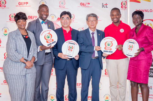 From left: Dr. Chastity Walker of CDC, Okoe Boye Bernard, parliamentary of health committee, Lee Dong-Myun, the president, Future Platform Business Group of KT, H.E. Sungsoo Kim, Korean Ambassador to Ghana, Dr Ebenezer Odame, Director of Policy Planning and Evaluation (PPME) at the Ministry of Health (MOH), and DR. Ekua Essumanma Houphouet, Disease Control Prevention Officer are photographed during GEPP Ghana launch ceremony on August 14th (PRNewsFoto/KT Corp.)