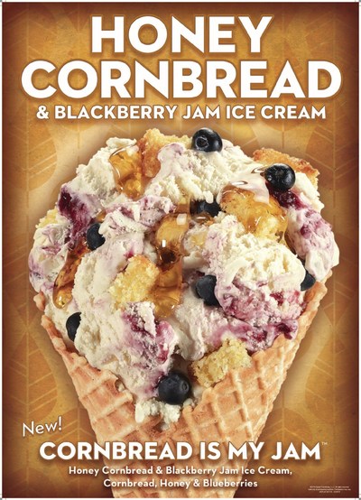 Cornbread is My Jam™ Creation is made with Honey Cornbread & Blackberry Jam Ice Cream, Cornbread, Honey, and Blueberries, tasting like freshly baked cornbread with a sweet smear of blackberry jam.