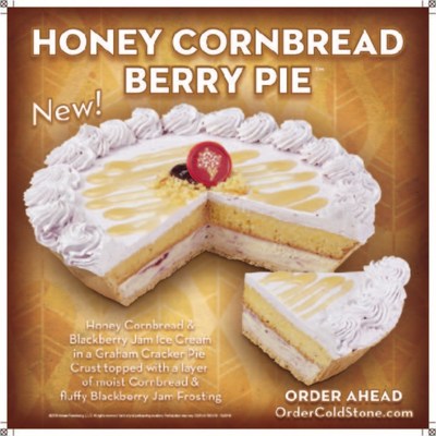 Honey Cornbread Berry Pie™ made with Honey Cornbread & Blackberry Jam Ice Cream in a Graham Cracker Pie Crust topped with a layer of moist Cornbread and fluffy Blackberry Jam Frosting.