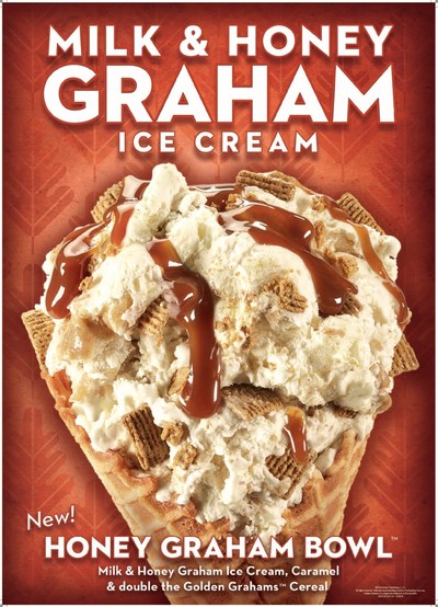 Honey Graham Bowl™ Creation, made with Milk & Honey Graham Ice Cream, Caramel and double the Golden Grahams™ Cereal.