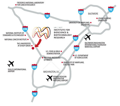 Map depicting location of GMP biomanufacturing facility in Maryland's biotechnology corridor
