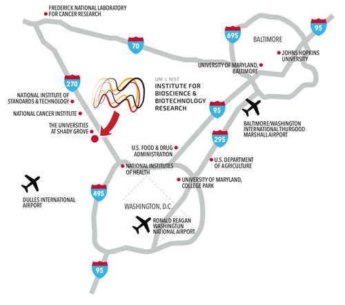 Map depicting location of GMP biomanufacturing facility in Maryland’s biotechnology corridor