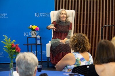 Artist Rita Blitt speaks at an event celebrating the gift of her work to the KU Edwards Campus in Overland Park, Kansas, on Aug. 16.