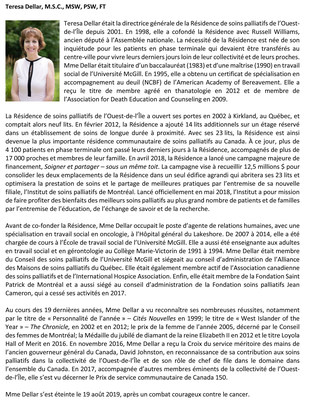 Notes biographiques - Teresa Dellar (Groupe CNW/Résidence de soins palliatifs de l'Ouest-de-l'Ile)