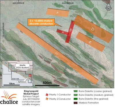 Figure 2 Ephesus Target MLEM conductors over mapped geology and satellite imagery (CNW Group/Chalice Gold Mines Limited)