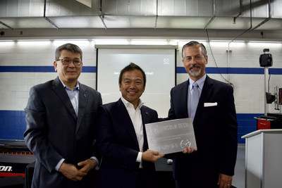 Lincoln Tech & Mazda announced the launch of their Certified Technician Training Partnership at Lincoln Tech's Queens, NY Campus. The event was attended by senior executives from both companies as well as over 250 Lincoln Tech automotive students Pictured (L to R): John Hay, Customer Experience/Loyalty Manager, Mazda Northeast Region; Ryuichi Umeshita, Mazda Executive Officer of Brand Engagement, Global Marketing, Sales & Customer Service; Scott Shaw, President & CEO Lincoln Tech.