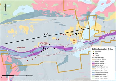 Figure 3. Larder Gold Project surface drilling status map showing local geology (CNW Group/Gatling Exploration Inc.)