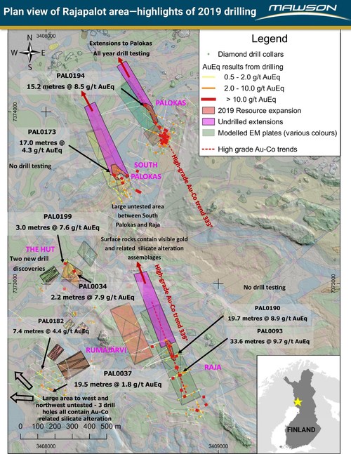 Figure 1: Plan view of Rajapalot project area showing drill intersections, 2019 area of likely resource expansion, undrilled extensions to resource areas and modelled ground TEM plates over Lidar image and geological interpretation of ground magnetics. (CNW Group/Mawson Resources Ltd.)