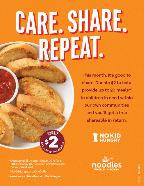 Noodles will partner with No Kid Hungry for a fourth year and offer guests a free Shareable with $2 donation during Hunger Action Month in September.