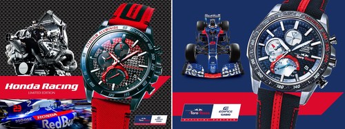 The Launch of the Casio EQB-1000TR(STR) : Scuderia Toro Rosso Limited Edition with the Scuderia Toro Rosso team colours and carbon fibre bezel/dial and the Casio EQB-1000HRS Honda Racing Limited Edition, with a bezel made of Titanium Aluminde, the same material used in the Honda F1 engine valves.