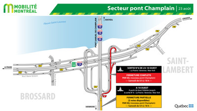 Fermetures secteur pont Samuel-De Champlain  Brossard, fin de semaine du 23 aot (Groupe CNW/Ministre des Transports)