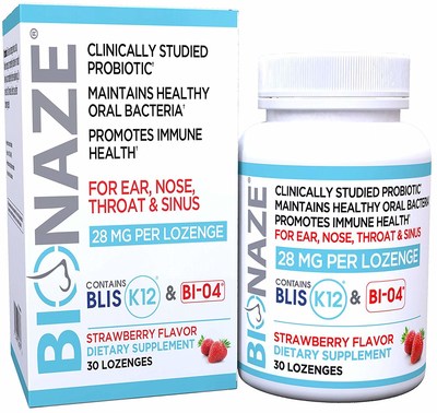 The Bionaze product next to it's box. Bionaze is an all natural probiotic consisting of two clinically studied and patented probiotic bacteria strains. Studies have shown them to be effective in reducing the negative effects of chronic ear, nose, throat and sinus issues.