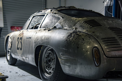 Image of the damage that the 1961 Porsche Carrera Abarth GTL sustained in the gas explosion in Durham, North Carolina. Photo by Brian Rozar