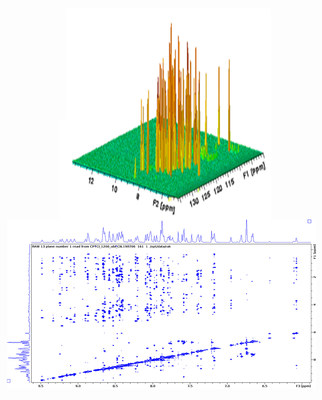 1.2 GHz 1H-15N 2D BEST-TROSY and 2D plane of a 1.2 GHz 3D 15N edited NOESY-HSQC of a 500 µM ubiquitin sample, 13C/15N labeled in H2O:D2O 90%:10%. Both experiments were recorded with a 3 mm TCI CryoProbe. 1.2 GHz 1H-15N 2D BEST-TROSY and 2D plane of a 1.2 GHz 3D 15N edited NOESY-HSQC of a 500 µM ubiquitin sample, 13C/15N labeled in H2O:D2O 90%:10%. Both experiments were recorded with a 3 mm TCI CryoProbe.