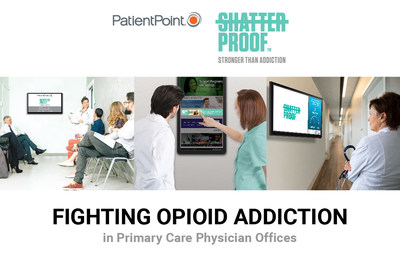 The PatientPoint-Shatterproof point-of-care opioid campaign leverages the digital PatientPoint engagement platform in waiting rooms, exam rooms and in the physician back office. The campaign reaches an estimated 15 million patients and caregivers each month with content designed to increase opioid addiction awareness and encourage doctor-patient discussion about treatment. The PatientPoint-Shatterproof point-of-care opioid campaign leverages the digital PatientPoint engagement platform in waiting rooms, exam rooms and in the physician back office. The campaign reaches an estimated 15 million patients and caregivers each month with content designed to increase opioid addiction awareness and encourage doctor-patient discussion about treatment.