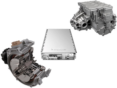 At this year’s IAA, BorgWarner demonstrates solutions for hybrid and electric vehicles, such as its P2 module (left), battery packs (middle) and the eAxle iDM (right).