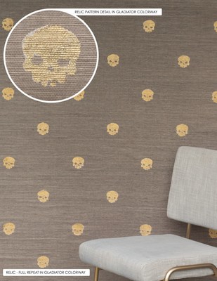 Relic 23 Karat Italian Gold Skull Wallpaper on Grasscloth by Given Campbell.<br />
Celebrating Fifteen Years of Innovative and Contemporary Wallpaper Design.  www.givencampbell.com