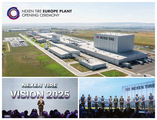 Top: Nexen Tire Europe Plant / Bottom Left: Travis Kang, the Global CEO of Nexen Tire is celebrating the opening of the Europe Plant with a welcome and vision speech / Bottom Right: Byung Joong Kang, the Chairman of Nexen Tire, Travis Kang, the Global CEO of Nexen Tire, Eung Young Lee, President of Nexen Tire Europe and Se In Oh, Vice President of Nexen Tire Europe are joined by the technical staff and Europe Plant employees at the ribbon cutting ceremony.