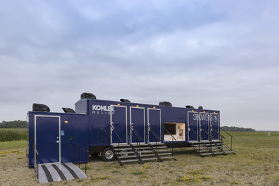 The KOHLER Relief Trailer offers seven showering stalls as well as sinks, faucets, charging outlets for mobile devices and flat-panel televisions so relief workers can stay up to date on news and other important updates. The trailer was designed to provide relief volunteers with a place to shower, refresh, recharge, and return to their heroic cleanup and recovery efforts.