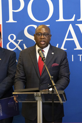 NCUA Chairman, Hon. Rodney E. Hood speaks at the exhibition unveiling ceremony at PSFCU headquarters in Brooklyn