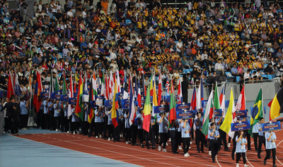 Flag-bearers and athletes march during the opening ceremony of the 2019 Chungju World Martial Arts Masterships at Chungju Stadium in Chungju, about 150 kilometers southeast of Seoul, on Aug. 30, 2019 