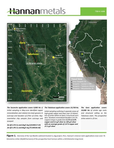 Figure 1. Overview of the San Martin sediment-hosted Cu-Ag project, Peru. Hannan's mineral claim applications now cover 76 kilometres strike (38,600 hectares) of the prospective host horizon within a 110 kilometre long trend. (CNW Group/Hannan Metals Ltd.)