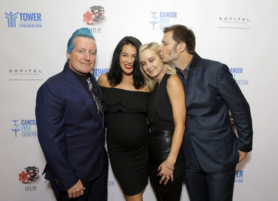 Legendary band Green Day's Mike Dirnt and Tre Cool with their wives Brittney Cade Pritchard & Sara Rose Wright at Tower Cancer Research Foundation's Cancer Free Generation Celebrity Poker Tournament in 2018. Brittney, a breast cancer survivor and her husband, Mike were honored at the 2018 Tower CFG Poker Tournament for their courageous example as a couple sharing their personal cancer journey in order to help others.