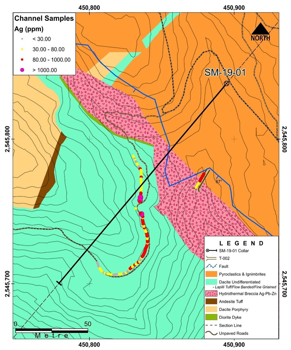 Figure 2: Faisanes Target Tunnel T-002: Location with SMtr-001 and SM-19-01 (CNW Group/Goldplay Exploration Ltd)