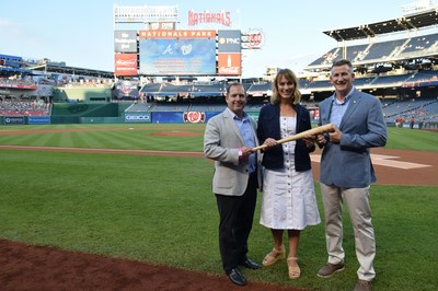 Left to Right: President/CEO of PenFed Credit Union, and CEO of the PenFed Foundation, James Schenck; National Military Family Association (NFMA), Acting Executive Director Besa Pinchotti; and President of the PenFed Foundation and the longest-serving Commander of US Forces in Afghanistan, Retired Army General Mick Nicholson during PenFed's on-field presentation of a $250,000 donation to NMFA at the Washington Nationals game September 3.