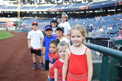 Children of military families participate in pre-game activities on the field at Nationals Park ahead of the September 3 game.